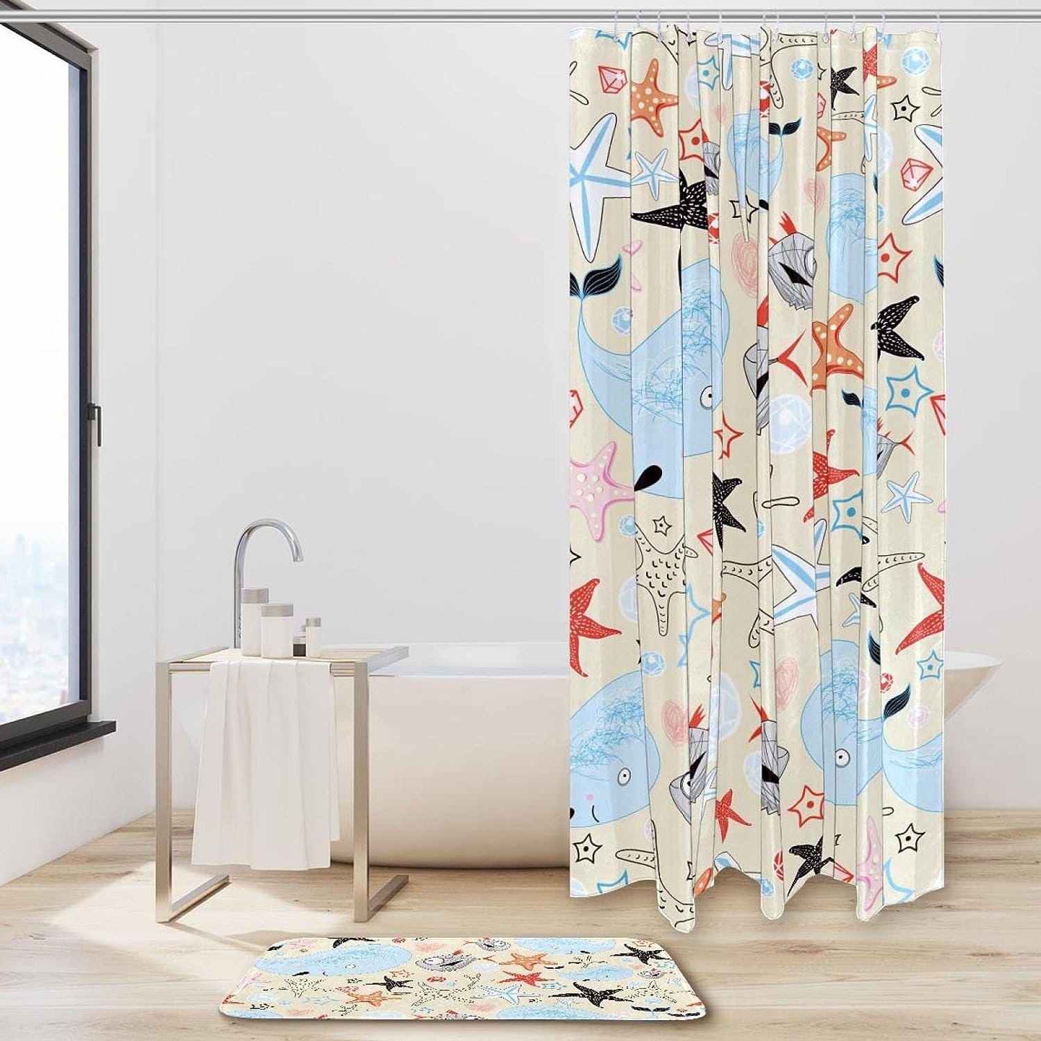 Star Fish Whale Waterproof Fabric Shower Curtain for Bathroom - Nautical Bathroom Curtain