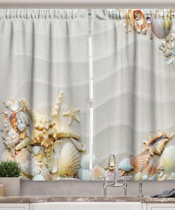 Starfish Kitchen Curtains, Seashells and Aquatic Wildlife Window Drapes for Cafe Decor, White Coral Fabric, 55 x 39