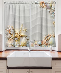 Starfish Kitchen Curtains, Seashells and Aquatic Wildlife Window Drapes for Cafe Decor, White Coral Fabric, 55 x 39