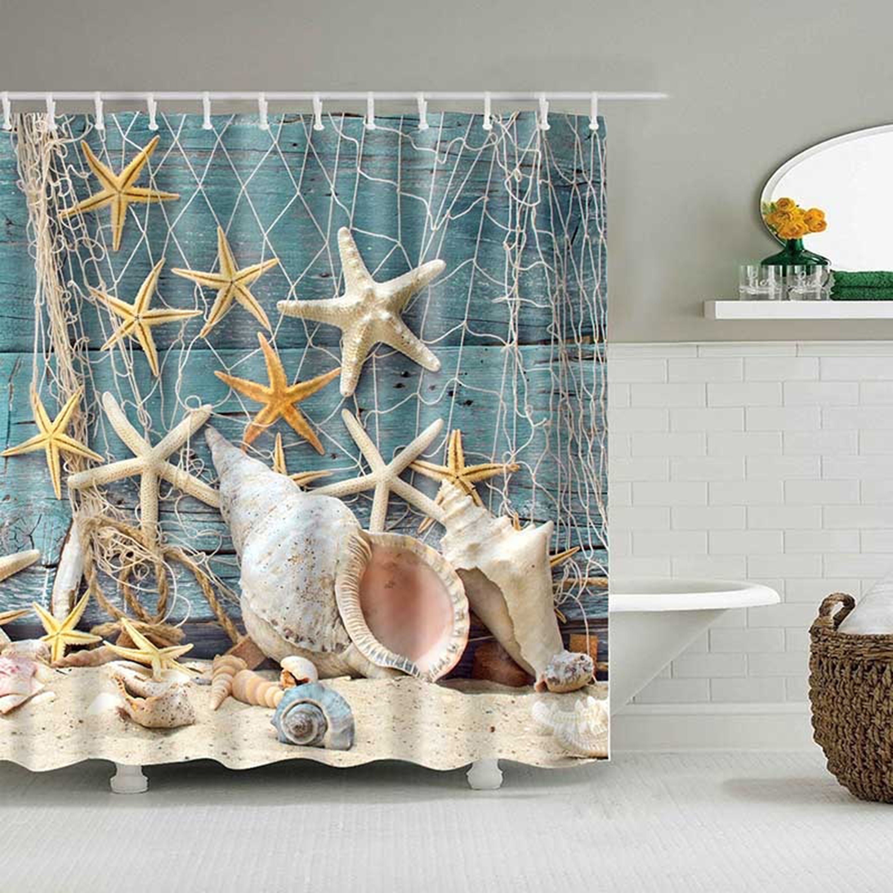 Starfish Seashell Shower Curtain for Beachy Bathroom Decor