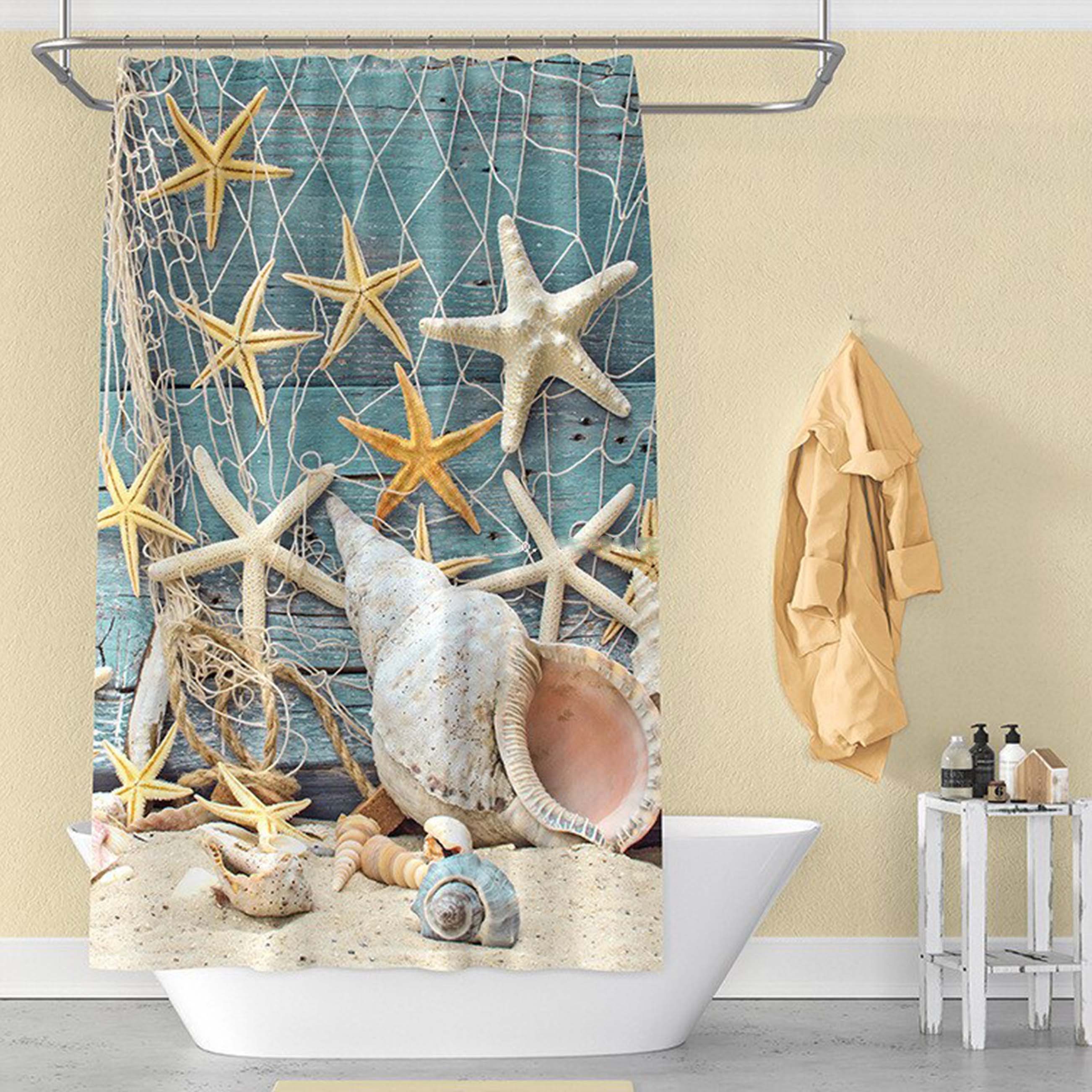 Starfish Seashell Shower Curtain for Beachy Bathroom Decor