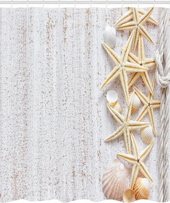 Starfish Seashells Shower Curtain, Wood Surface Ocean Beach Nautical Print Cloth Bathroom Decor, Ivory