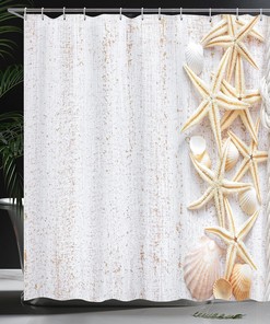 Starfish Seashells Shower Curtain, Wood Surface Ocean Beach Nautical Print Cloth Bathroom Decor, Ivory