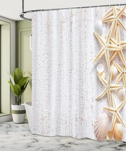 Starfish Seashells Shower Curtain, Wood Surface Ocean Beach Nautical Print Cloth Bathroom Decor, Ivory