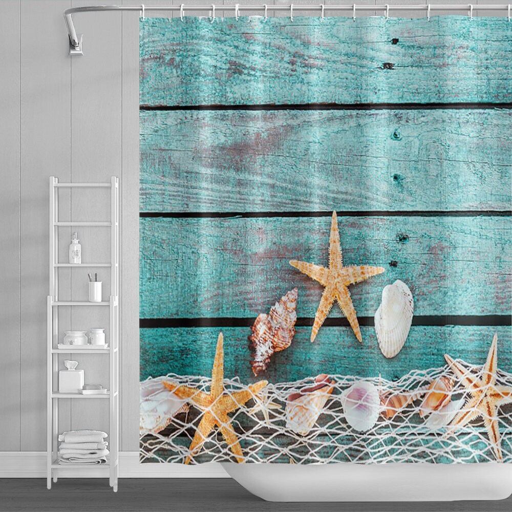 Starfish and Seashells Ocean Fabric Shower Curtain for Beach-Themed Bathroom Decor