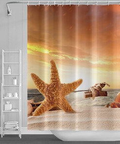 Starfish and Seashells Ocean Fabric Shower Curtain for Beach-Themed Bathroom Decor
