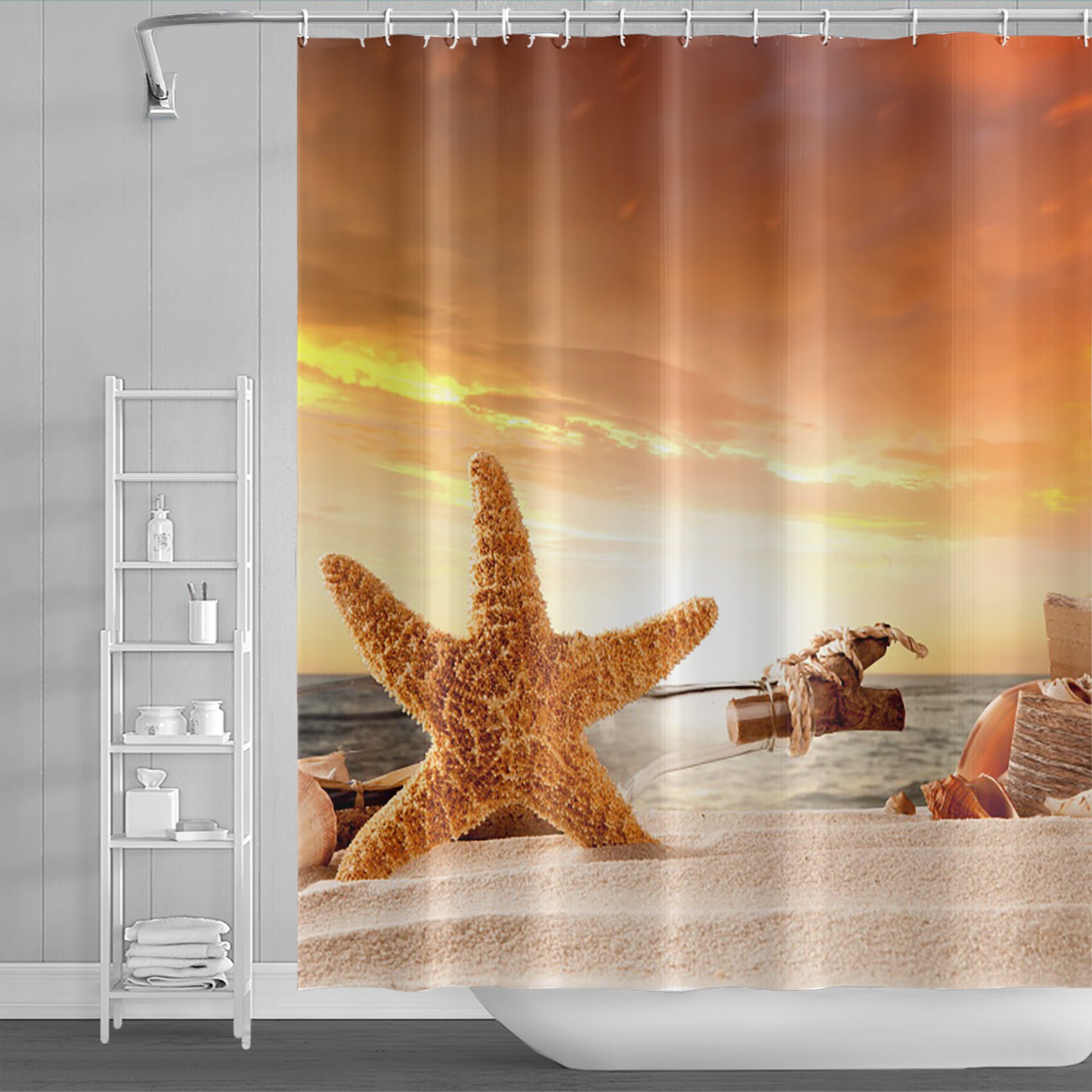 Starfish and Seashells Ocean Fabric Shower Curtain for Beach-Themed Bathroom Decor