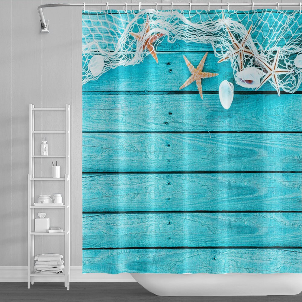 Starfish and Seashells Ocean Fabric Shower Curtain for Beach-Themed Bathroom Decor