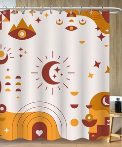 Stars and Moon Shower Curtain with Abstract Line Mountain Design, Minimalist Bathroom Decor - Bathroom Curtain