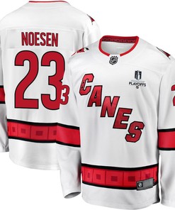 Stefan Noesen 23 Carolina Hurricanes Stanley Cup 2023 Playoffs Patch Away Breakaway Men Jersey - White