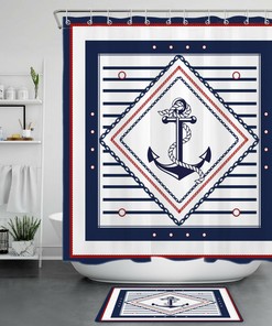 Striped Geometric Pattern Anchor Shower Curtain for Bathroom Decor