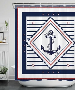 Striped Geometric Pattern Anchor Shower Curtain for Bathroom Decor