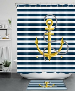 Stripes Golden Anchor Stars Pattern Shower Curtain for Bathroom Decor
