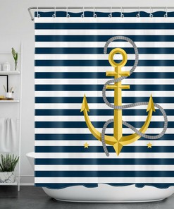 Stripes Golden Anchor Stars Pattern Shower Curtain for Bathroom Decor