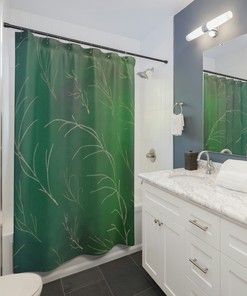 Stylish Minimalistic Boho Shower Curtain with Emerald Green Forest Design