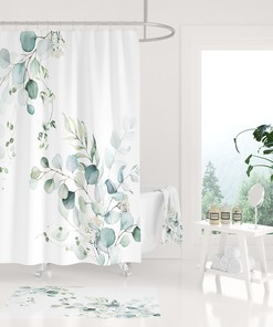 Stylish White and Green Floral Boho Shower Curtain with Matching Towel Set