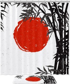Stylish and Elegant Shower Curtain with Waterproof Bamboo Silhouette and Red Sun Design