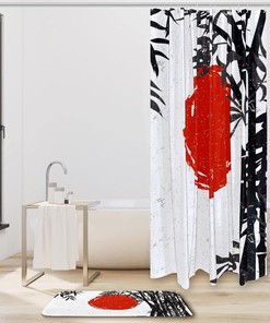 Stylish and Elegant Shower Curtain with Waterproof Bamboo Silhouette and Red Sun Design