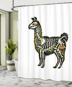 Sugar Skull Alpaca Shower Curtain, Colorful Floral Details Day of The Dead Cloth Fabric Bathroom Decor, Home Decor