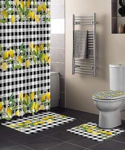 Summer Lemon Leaves Black and White Plaid Shower Curtain for a Colorful Bathroom Decor 