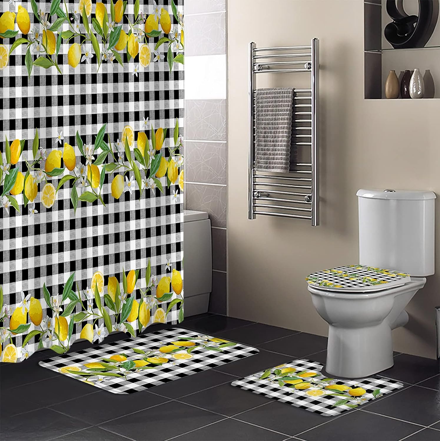 Summer Lemon Leaves Black and White Plaid Shower Curtain for a Colorful Bathroom Decor