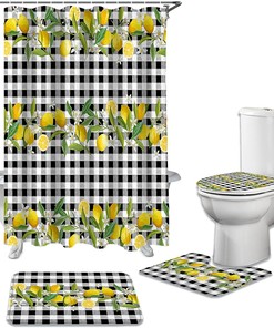Summer Lemon Leaves Black and White Plaid Shower Curtain for a Colorful Bathroom Decor