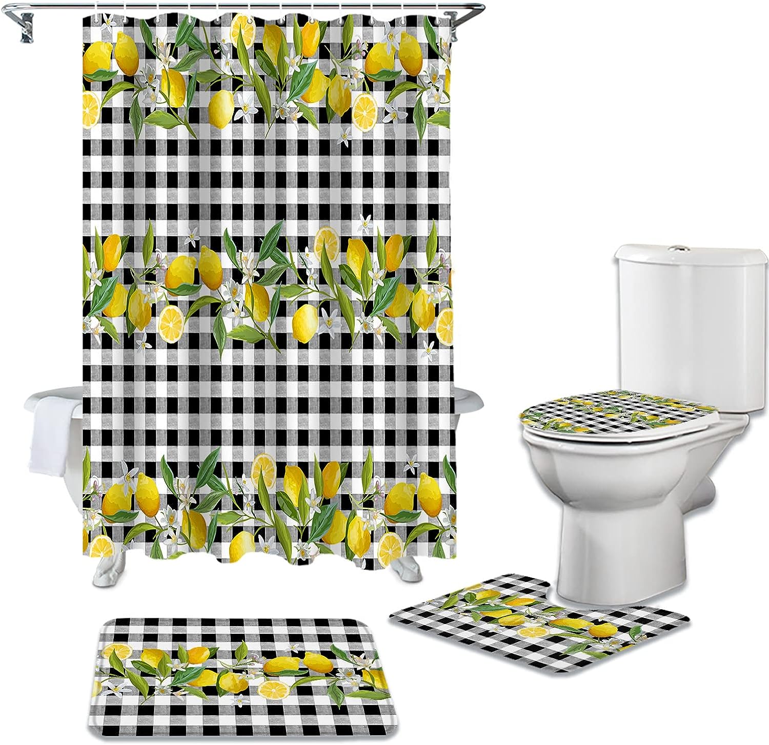 Summer Lemon Leaves Black and White Plaid Shower Curtain for a Colorful Bathroom Decor