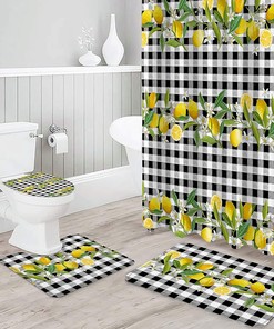 Summer Lemon Leaves Black and White Plaid Shower Curtain for a Colorful Bathroom Decor