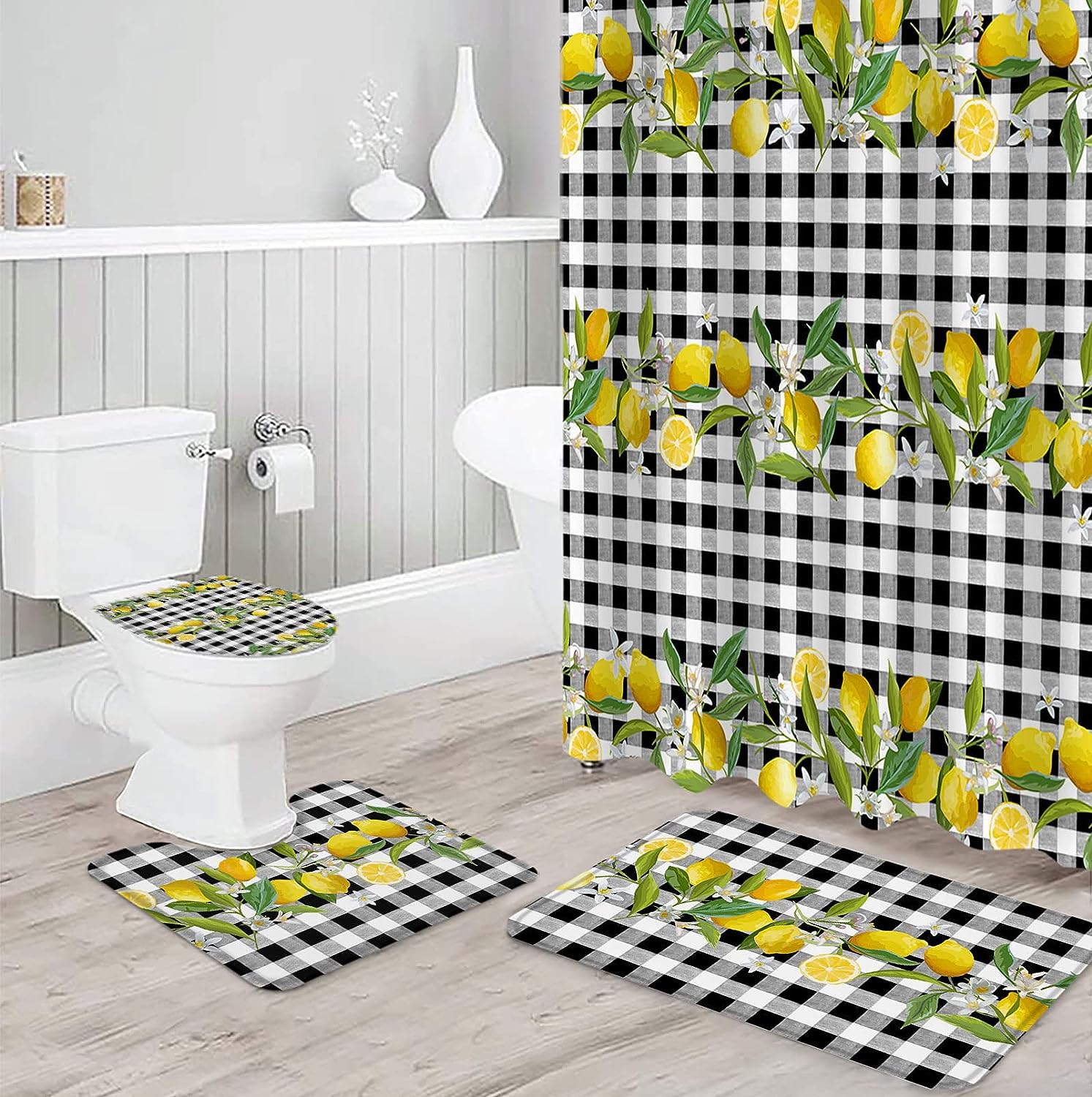 Summer Lemon Leaves Black and White Plaid Shower Curtain for a Colorful Bathroom Decor