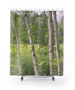 Summer Marsh Birch Tree Shower Curtain for New England Nature-Inspired Bathroom Decor