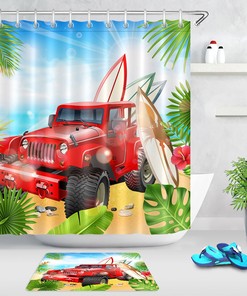 Summer Palm Leaves Surfboards Shower Curtain Bathroom Decor 