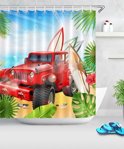 Summer Palm Leaves Surfboards Shower Curtain Bathroom Decor