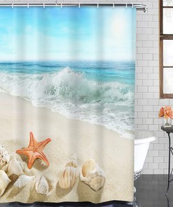 Summer Seascape Starfish Coastline Ocean Sunny Beach Shower Curtain for Bathroom Decor