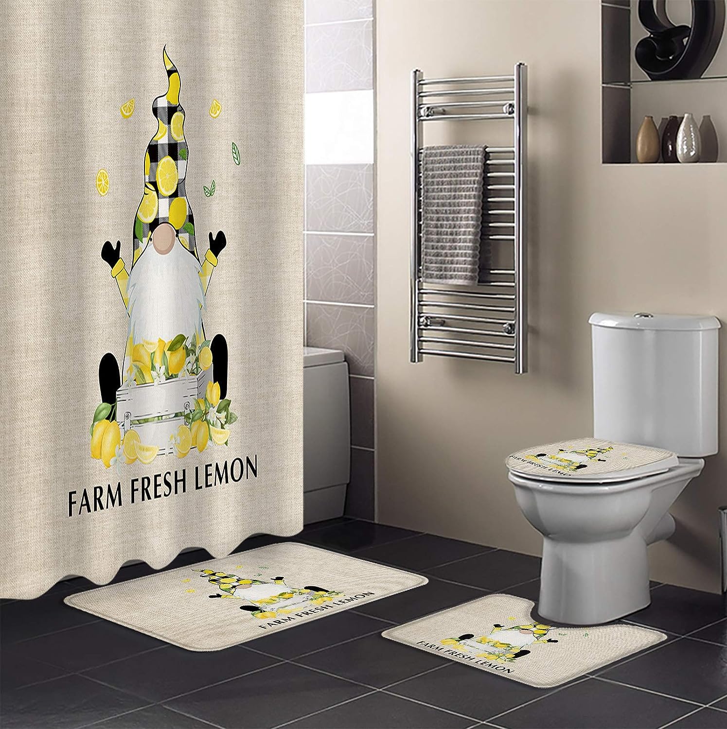 Summer Time Gnome with Lemon Shower Curtain for a Fun and Colorful Bathroom Decor