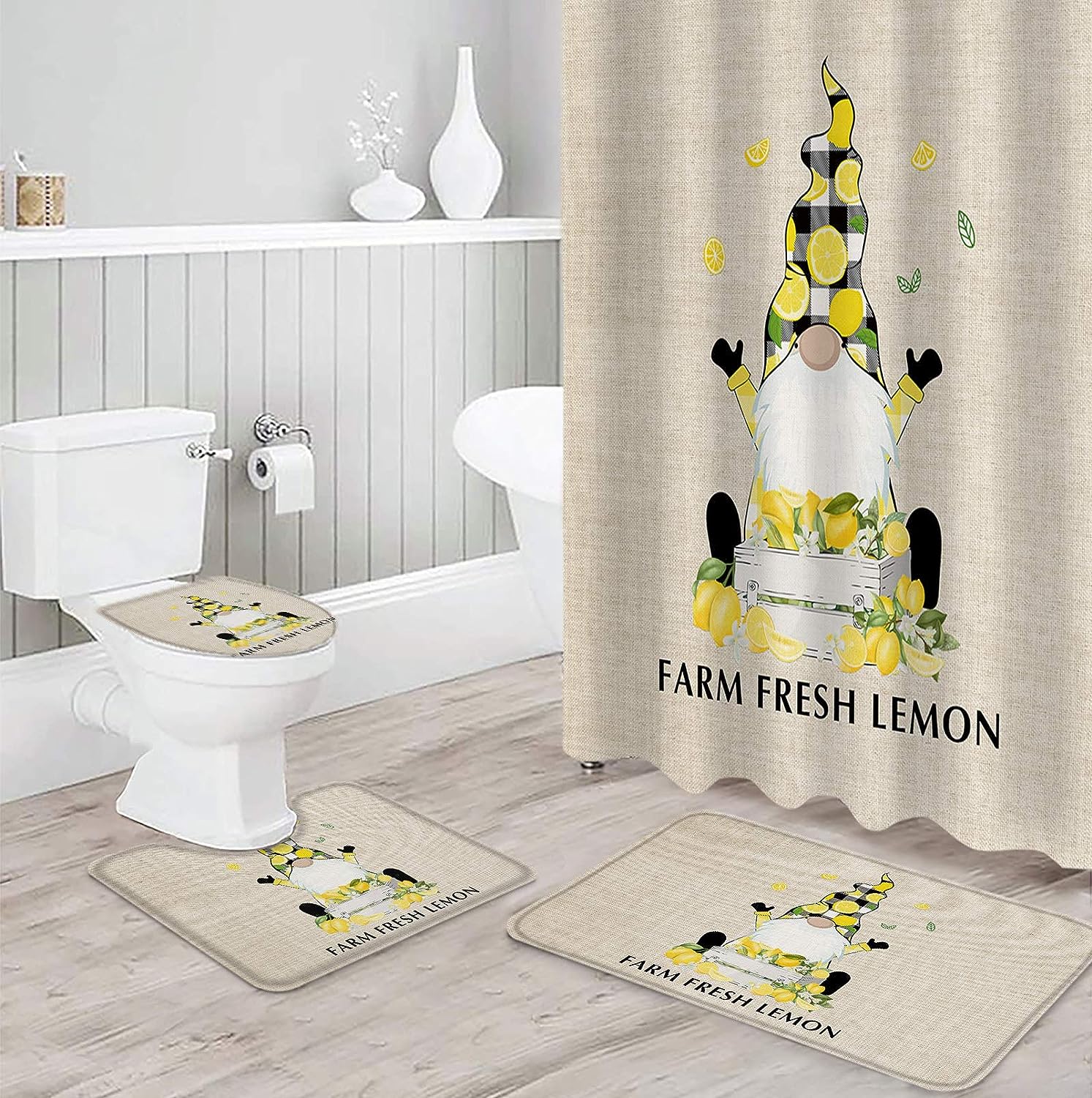Summer Time Gnome with Lemon Shower Curtain for a Fun and Colorful Bathroom Decor