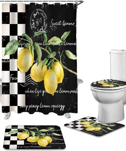 Summer Tropical Lemon Buffalo Plaid Black and White Shower Curtain for a Colorful Bathroom Decor