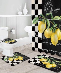 Summer Tropical Lemon Buffalo Plaid Black and White Shower Curtain for a Colorful Bathroom Decor 