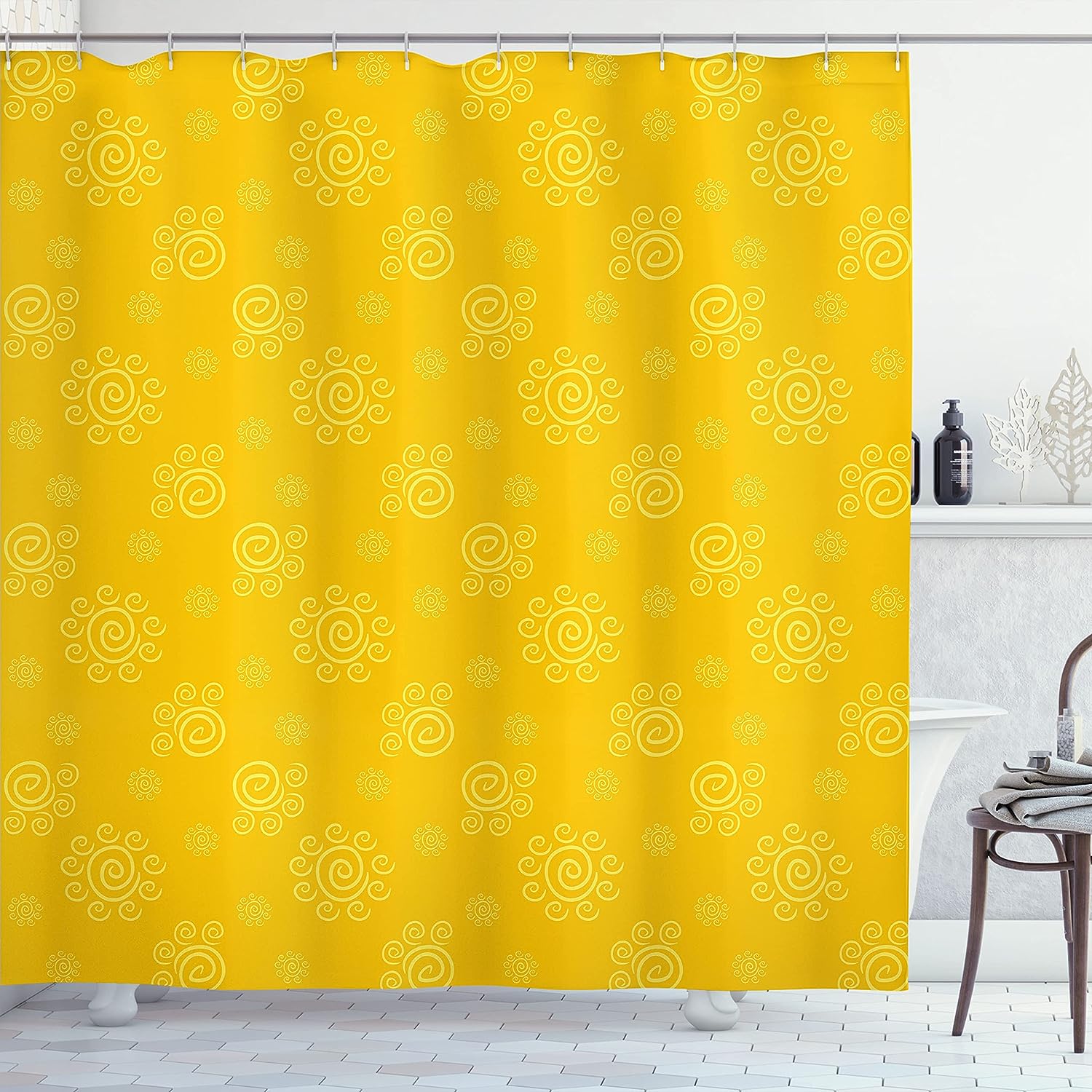 Sun Patterned Shower Curtain, Sun Pattern with Spiral Spots Like Hot Summer Day Inspired, Cloth Bathroom Decor W, Yellow