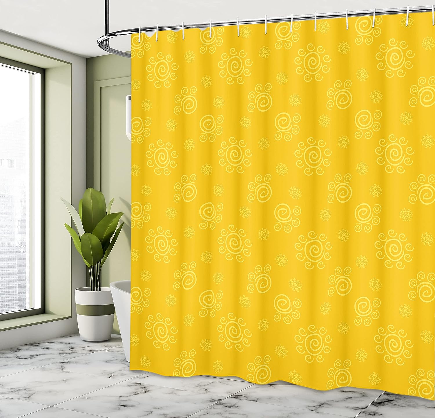 Sun Patterned Shower Curtain, Sun Pattern with Spiral Spots Like Hot Summer Day Inspired, Cloth Bathroom Decor W, Yellow