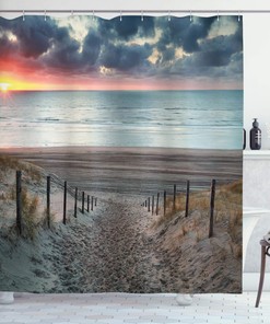 Sun Setting View North Sea Shower Curtain, Outdoors Image Cloth Bathroom Decor in Bluegrey Brown