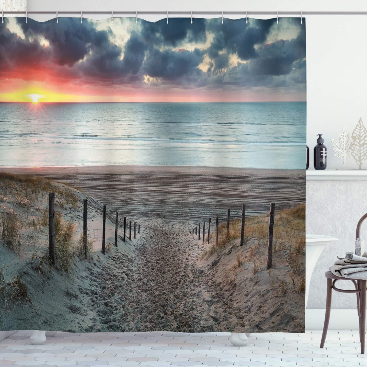 Sun Setting View North Sea Shower Curtain, Outdoors Image Cloth Bathroom Decor in Bluegrey Brown