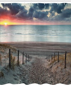 Sun Setting View North Sea Shower Curtain, Outdoors Image Cloth Bathroom Decor in Bluegrey Brown