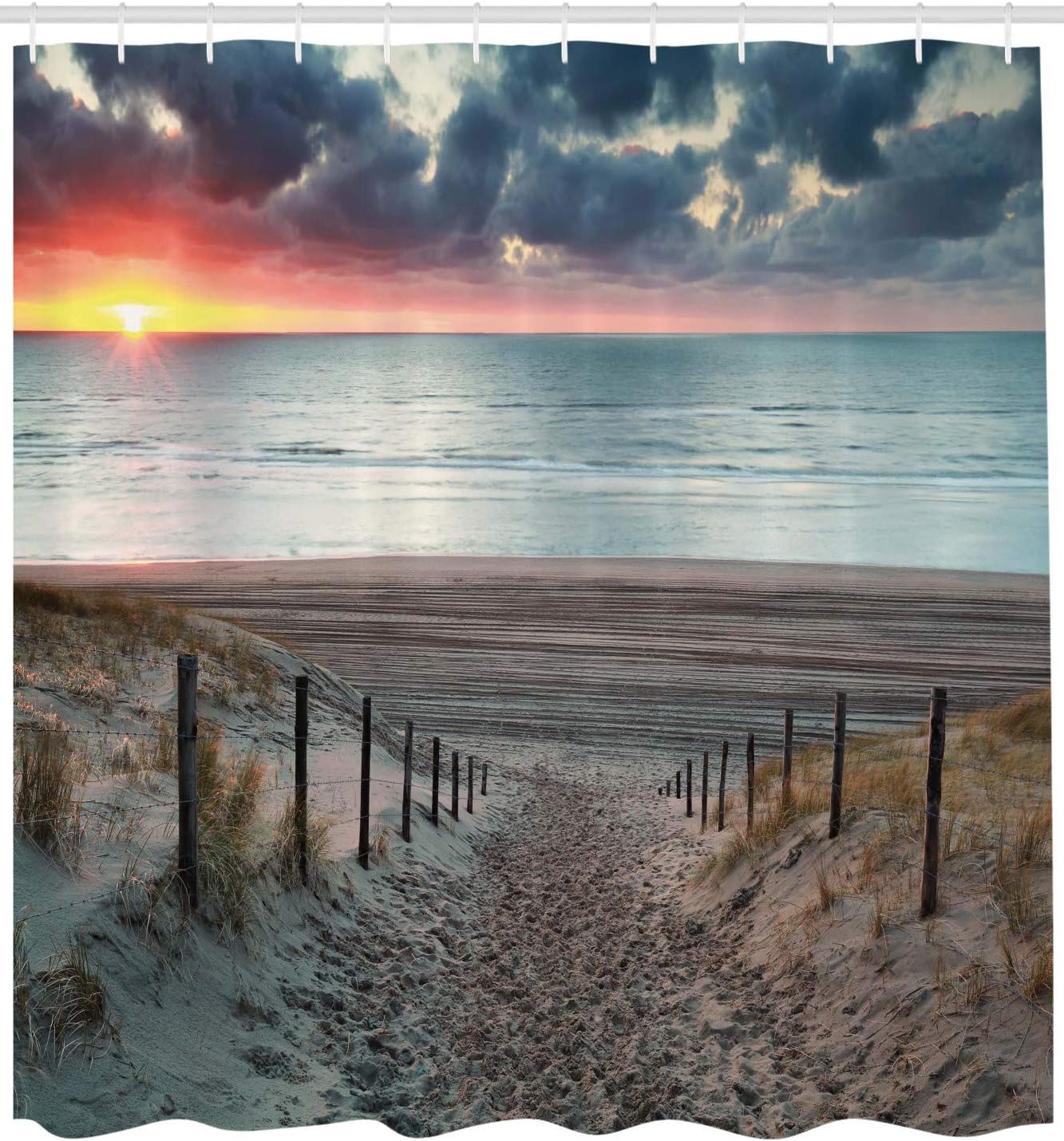 Sun Setting View North Sea Shower Curtain, Outdoors Image Cloth Bathroom Decor in Bluegrey Brown