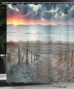 Sun Setting View North Sea Shower Curtain, Outdoors Image Cloth Bathroom Decor in Bluegrey Brown
