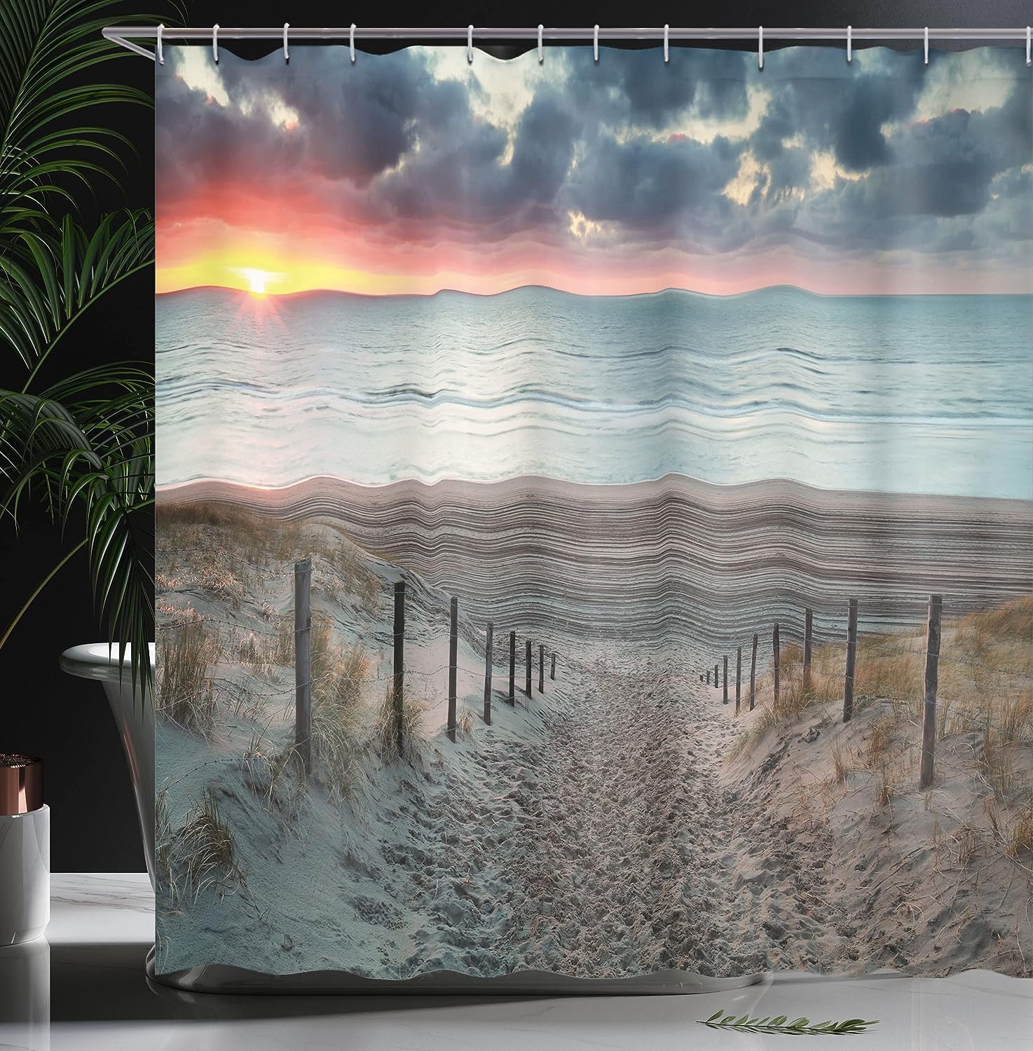 Sun Setting View North Sea Shower Curtain, Outdoors Image Cloth Bathroom Decor in Bluegrey Brown