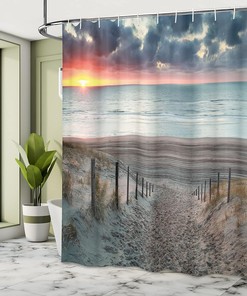 Sun Setting View North Sea Shower Curtain, Outdoors Image Cloth Bathroom Decor in Bluegrey Brown