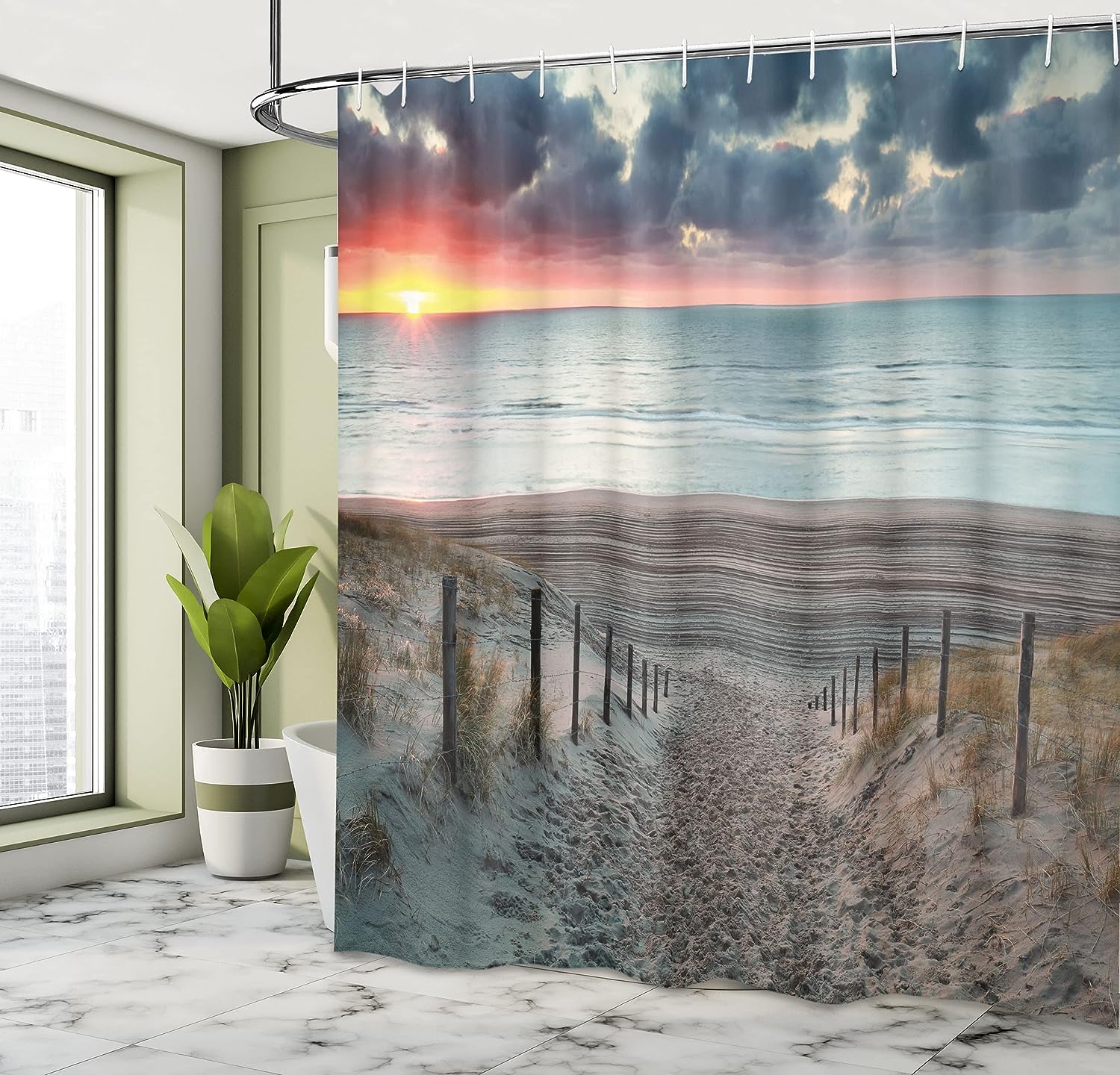 Sun Setting View North Sea Shower Curtain, Outdoors Image Cloth Bathroom Decor in Bluegrey Brown