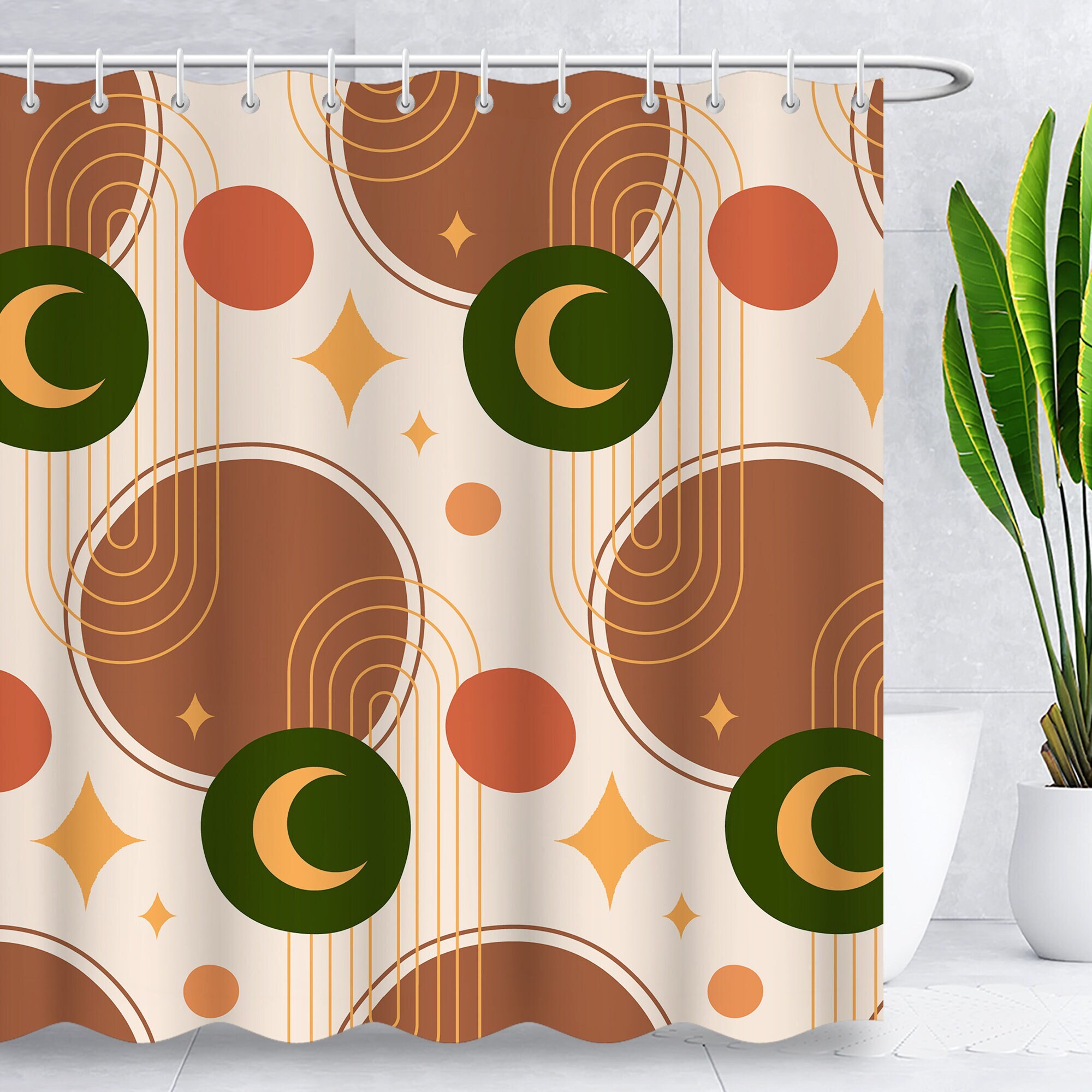 Sun and Moon Brown Boho Shower Curtain - Abstract Fabric with Waterproof Features