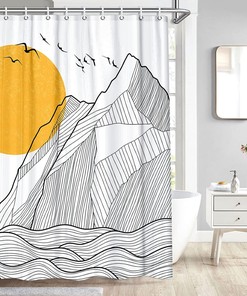 Sun and Mountain Boho Shower Curtain - Modern Abstract Bathroom Decor with Waterproof Fabric and Hooks (Yellow)
