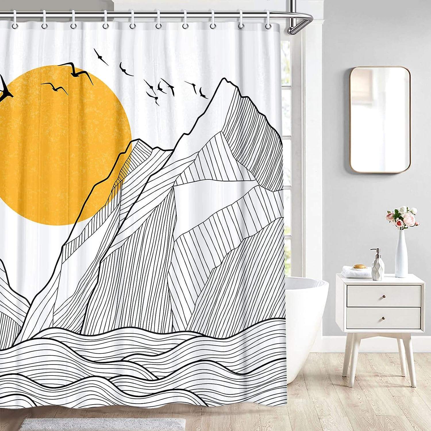 Sun and Mountain Boho Shower Curtain - Modern Abstract Bathroom Decor with Waterproof Fabric and Hooks (Yellow)